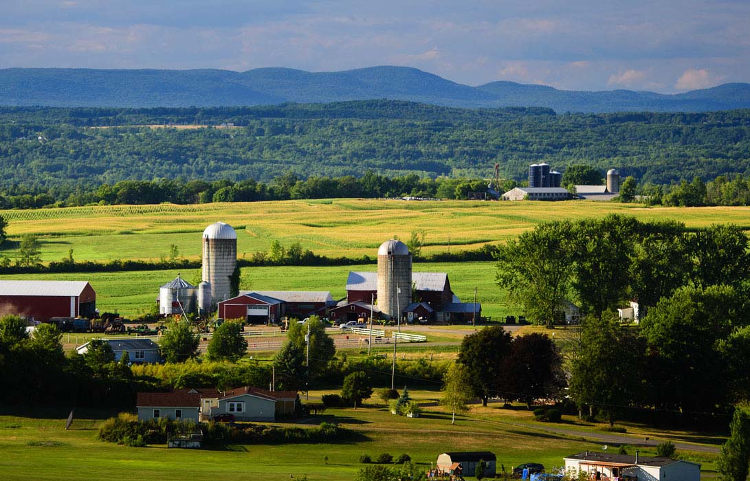 Farmland with barns and silos